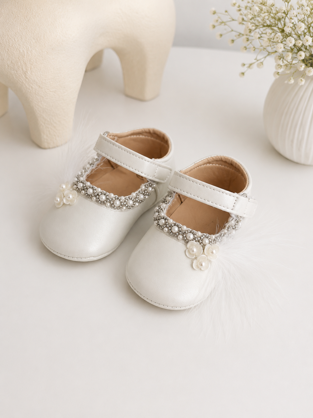 Luxury Pearl & Feather Baby Shoes – White