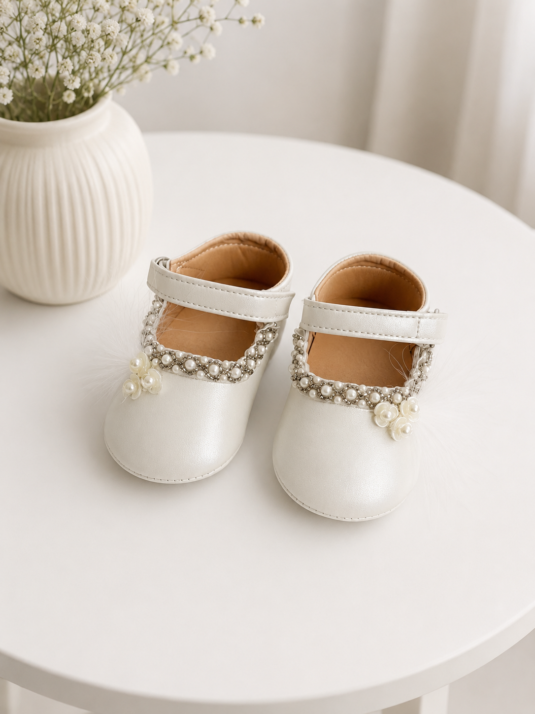 Luxury Pearl & Feather Baby Shoes – White