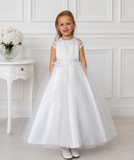 Sara - Holy Communion/Flower Girl Dress Ages 7 -11 Years - White Satin & Appliqué Bodice