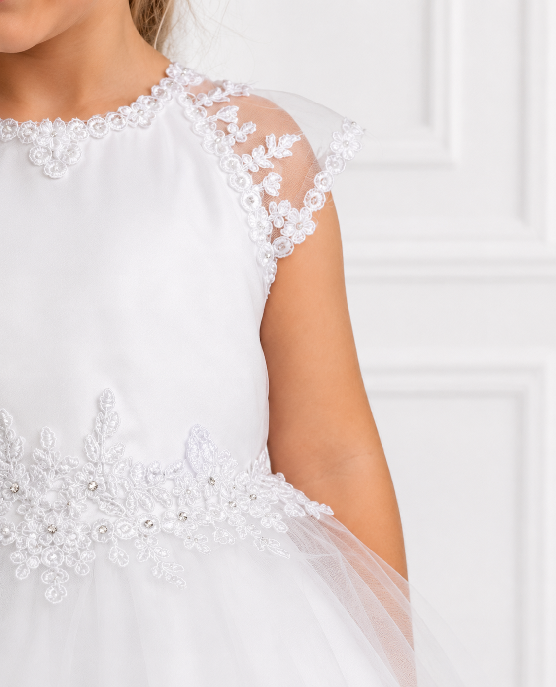 Sara - Holy Communion/Flower Girl Dress Ages 7 -11 Years - White Satin & Appliqué Bodice