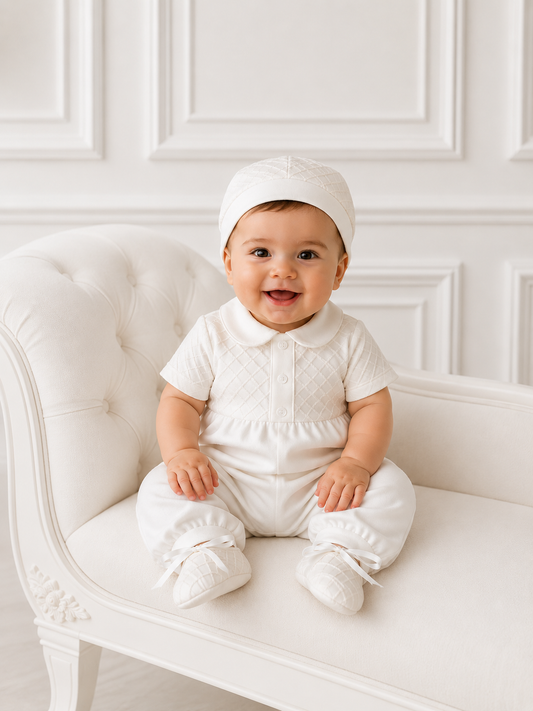 PREMIUM COLLECTION Theo -  Handmade Boys Christening Romper, Hat and Shoes 3 Piece Christening