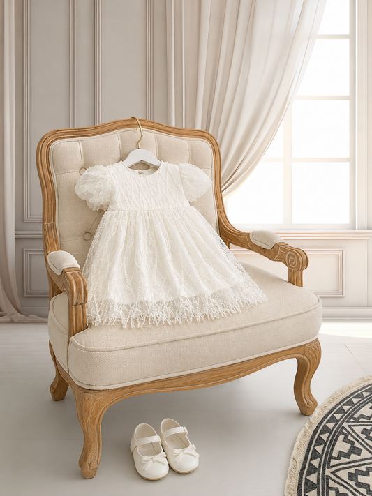 PREMIUM - Aria - Short Design 4 Piece Christening Set - Pearl Embellishment Dress, Bonnet, Shoes & Headband