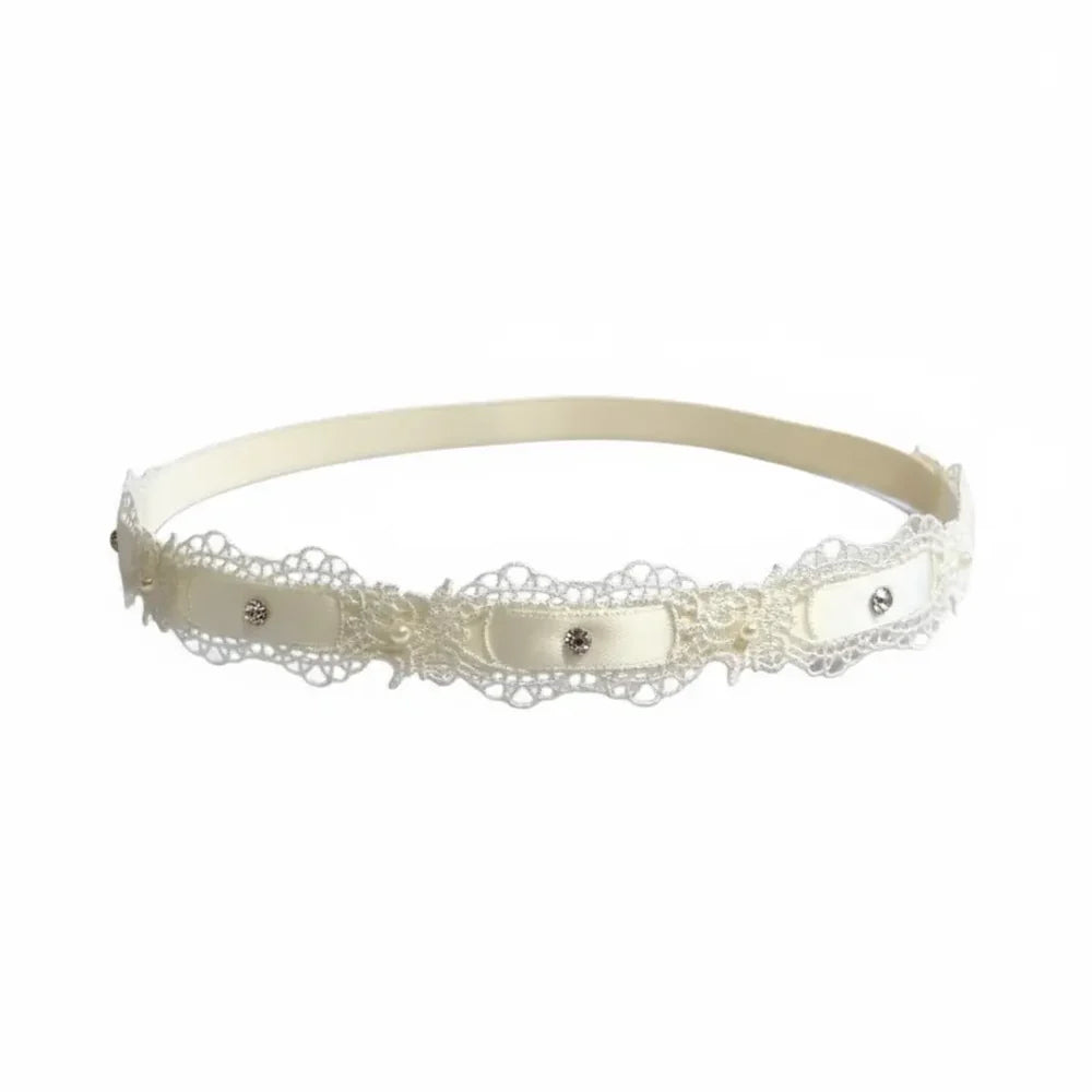 Ivory Satin & Lace Tie Back with Swarovski Diamanté & Pearl Hairband