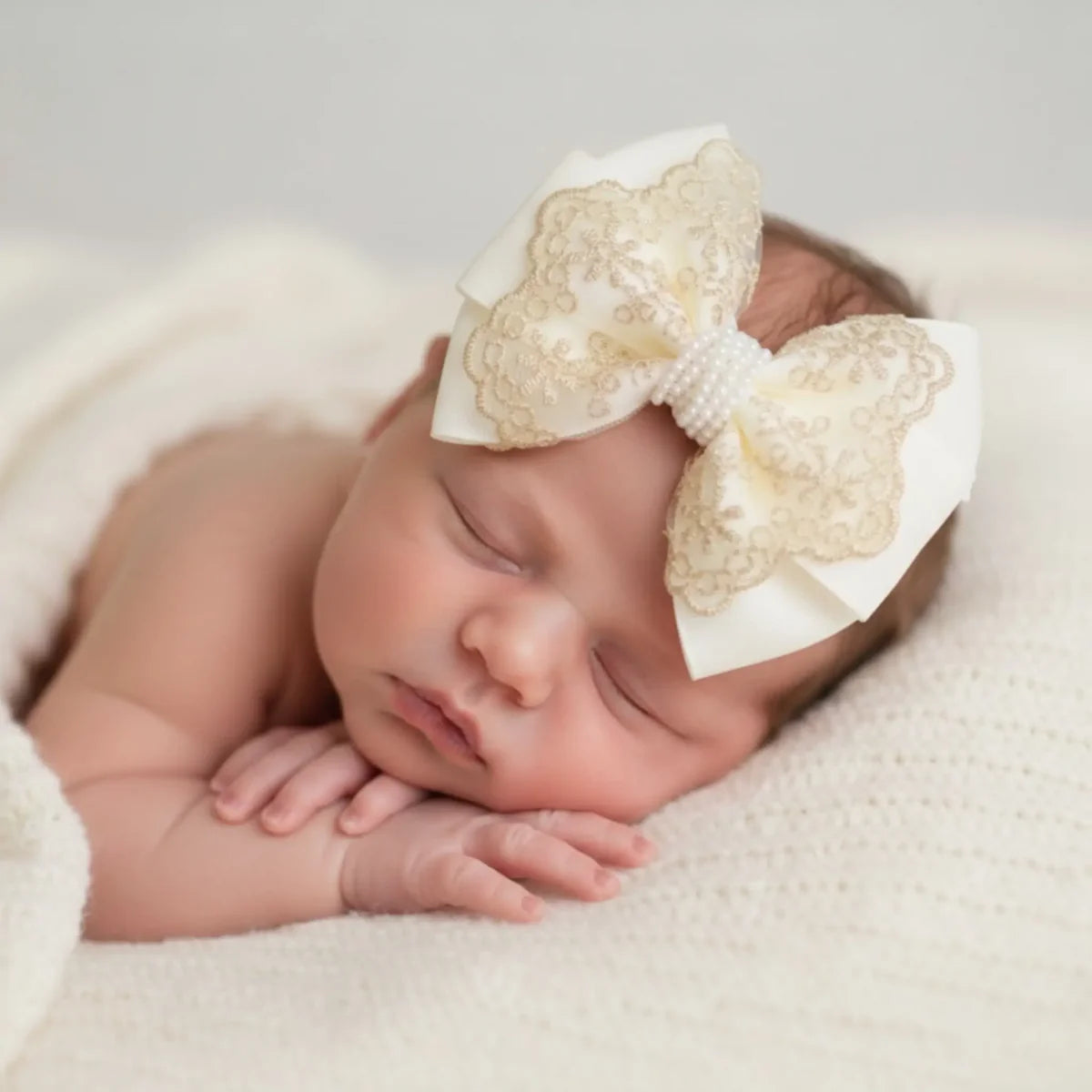 Oversized Bow with Gold Lace and Pearls in Ivory or Pink