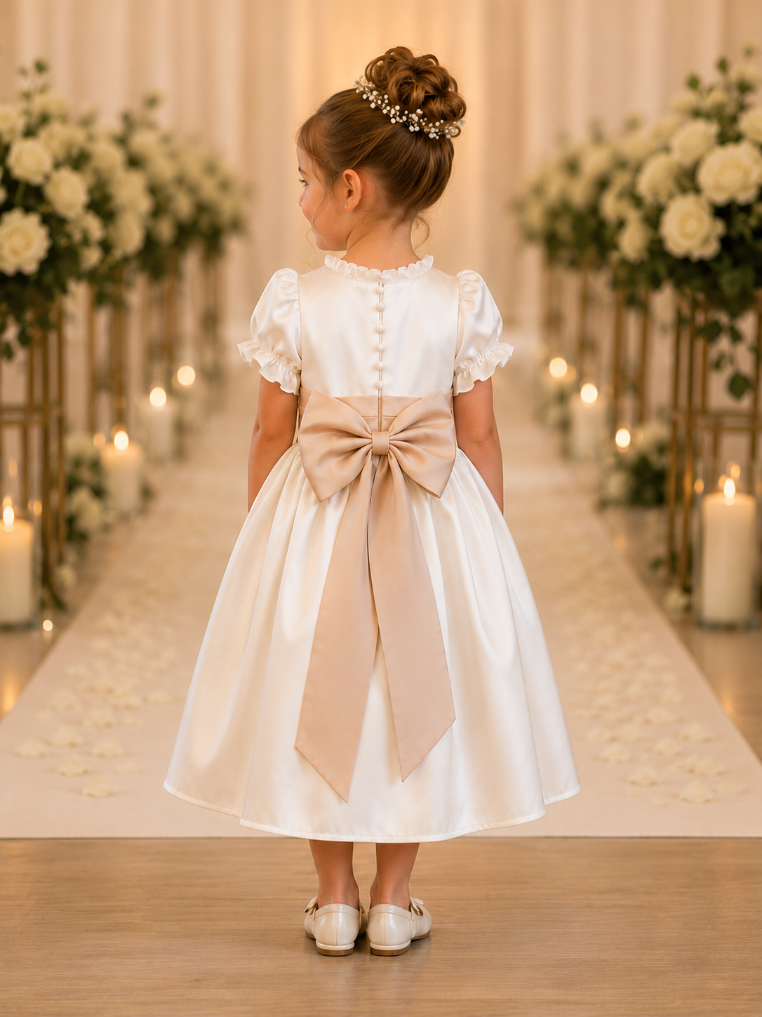 Emelia - Ivory Satin Flower Girl Dress with Rose Champagne Pink  Sash & Bow | Classic Wedding Dress for Girls Ivory Dress with Rose Pink Bow