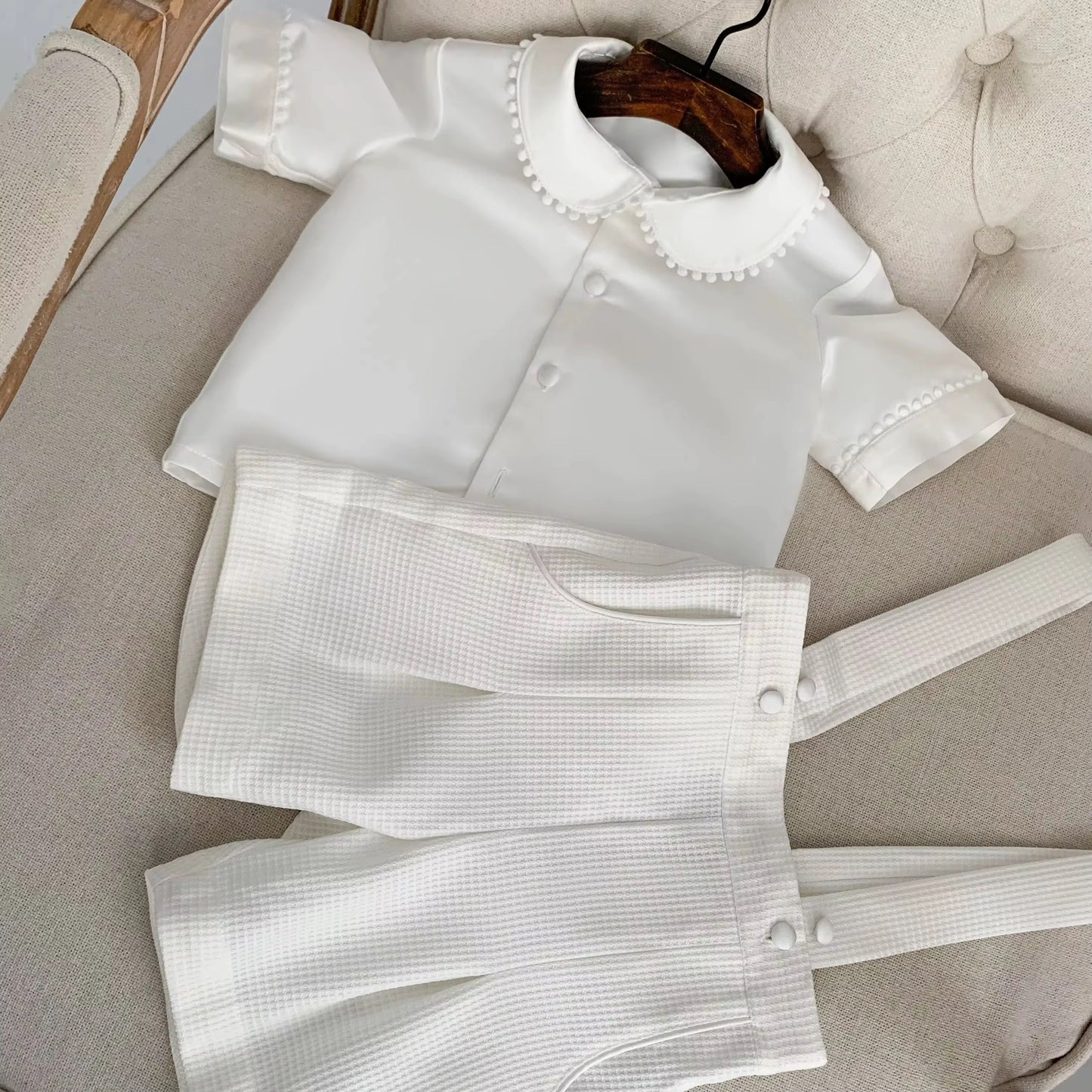 Thomas - PREMIUM COLLECTION Boys Traditional Ivory 2 Piece Christening Outfit - Short Sleeve Shirt & Shorts