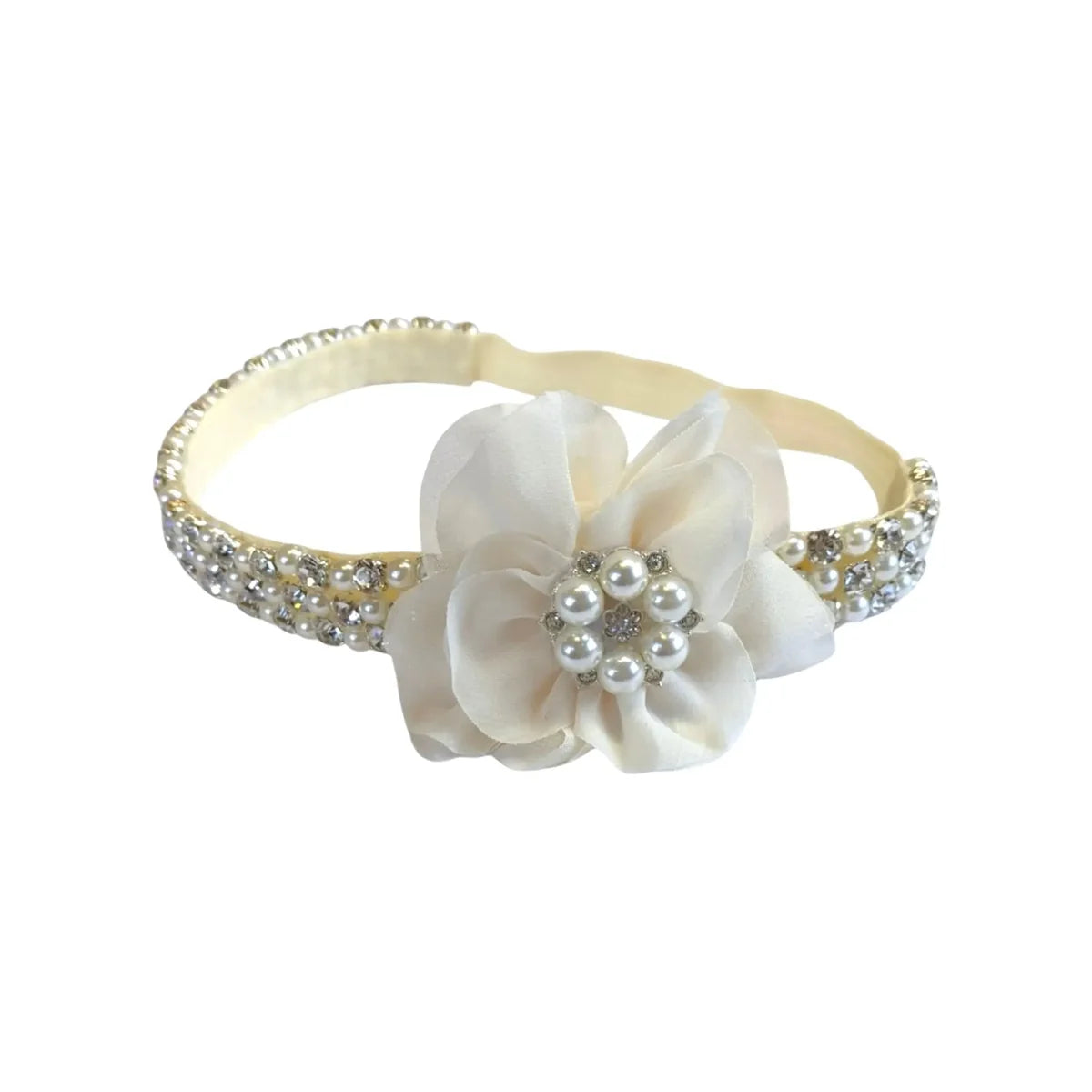 Luxury Ivory Flower Diamante & Faux Pearl Elastic Headband | Baby Christening, Flower Girl & Holy Communion Hair Accessory