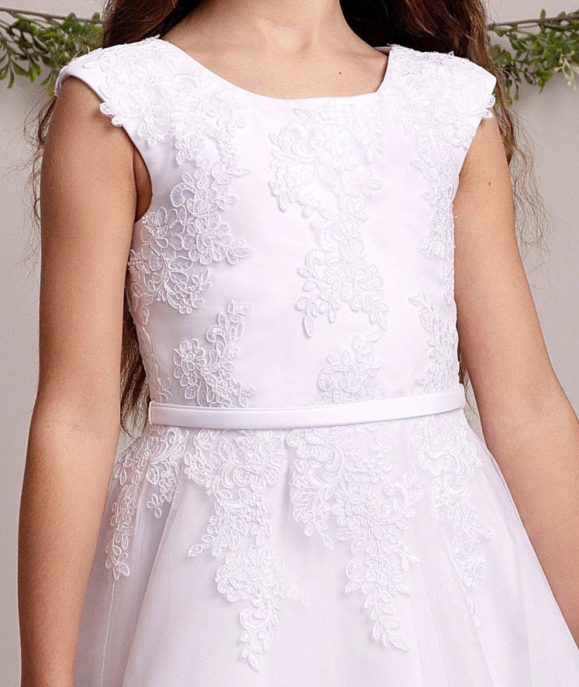 Holy Communion Dress Ages 7 -11 Years - White Satin & Appliqué Bodice