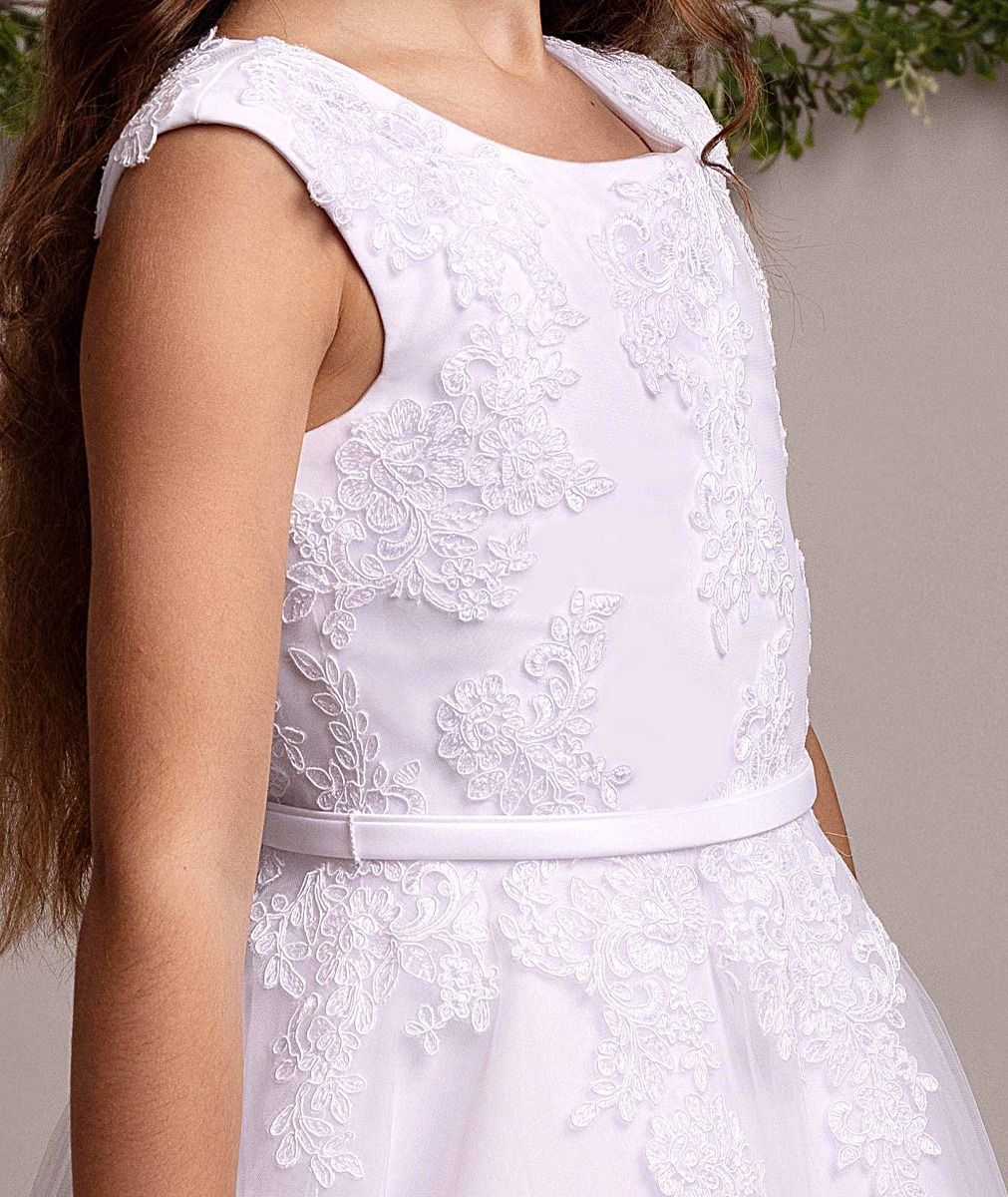 Holy Communion Dress Ages 7 -11 Years - White Satin & Appliqué Bodice