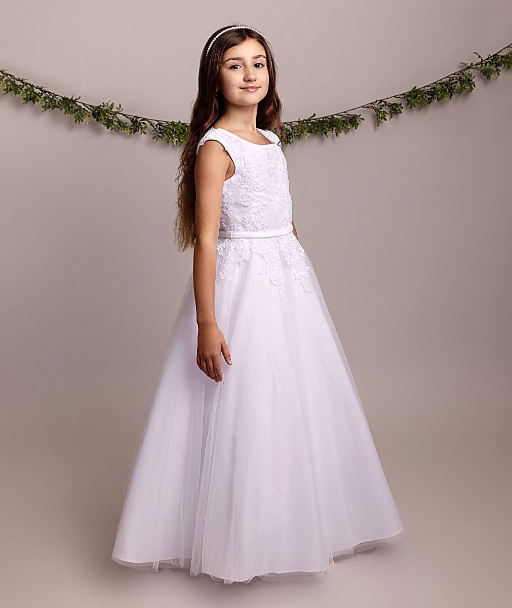 Holy Communion Dress Ages 7 -11 Years - White Satin & Appliqué Bodice