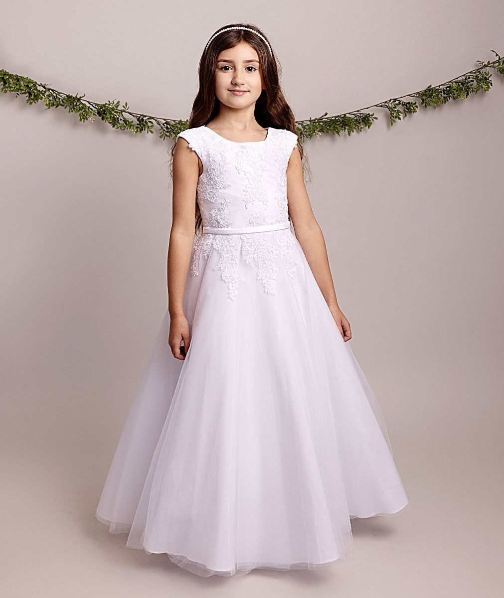 Holy Communion Dress Ages 7 -11 Years - White Satin & Appliqué Bodice