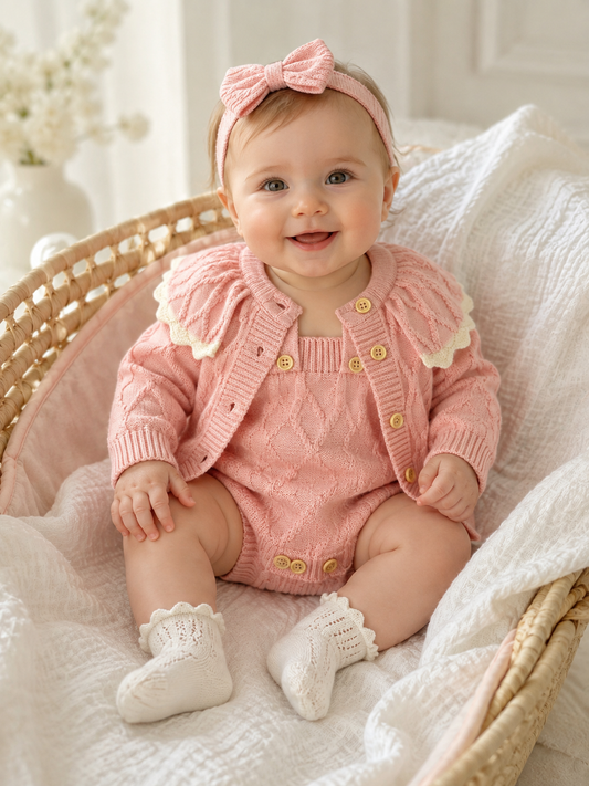 Pink Two-Piece Knitted Romper Set for Baby Girls