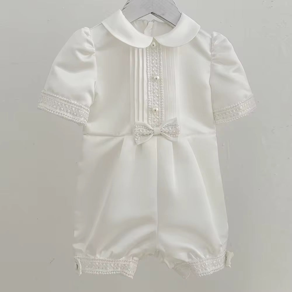 Jaxon - PREMIUM COLLECTION Boys Traditional Ivory 4 Piece Christening Gown - Boys Short Sleeve Romper with Pearl & Bow Detail, Full Length Sleeveless Coat, Hat & Shoes