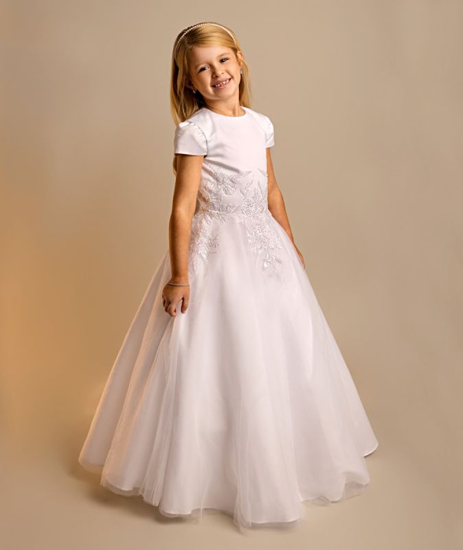 Holy Communion Dress Ages 6 -14 Years - White Satin & Lace Appliqué Bodice