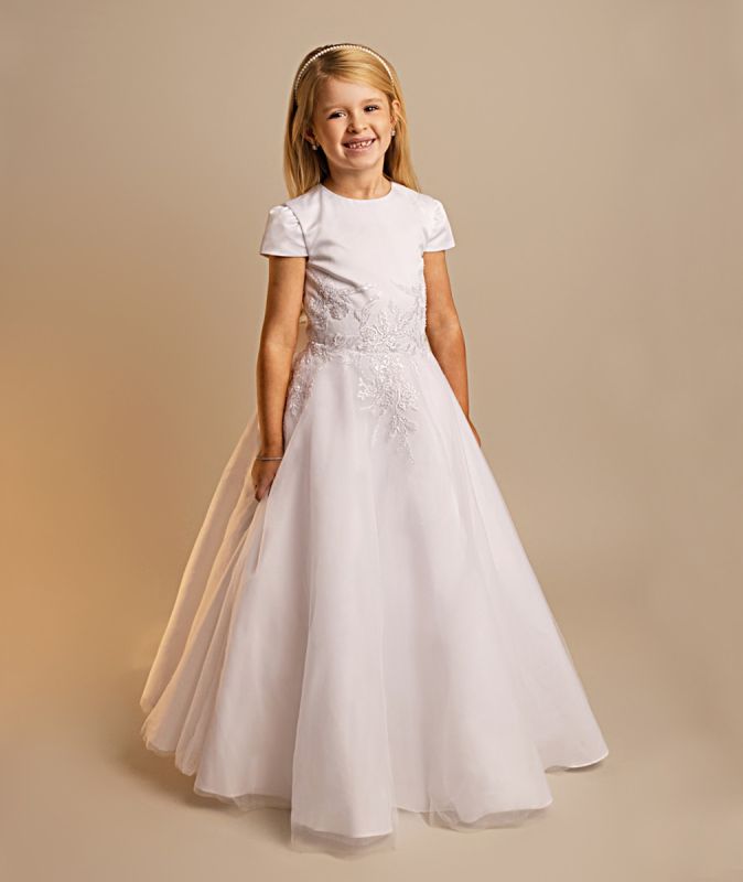 Holy Communion Dress Ages 6 -14 Years - White Satin & Lace Appliqué Bodice