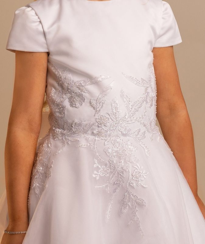 Holy Communion Dress Ages 6 -14 Years - White Satin & Lace Appliqué Bodice
