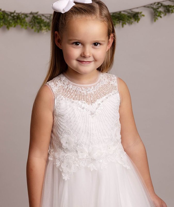 Flower Girl Dress Ages 2 -12 Years - Ivory  Tulle & Silk Flowers &  Pearl Appliqué Bodice