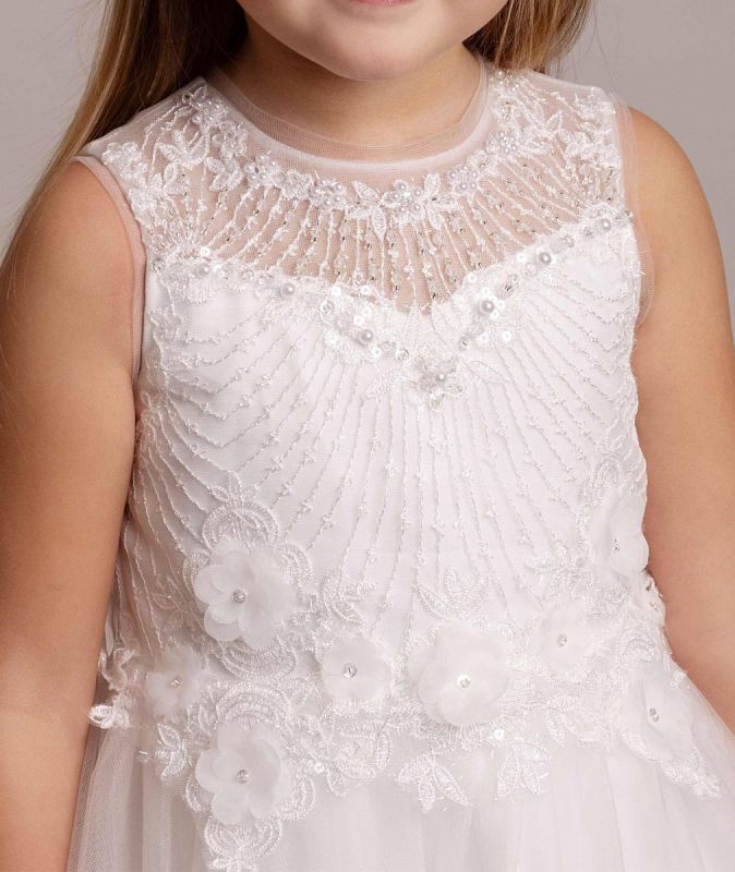 Flower Girl Dress Ages 2 -12 Years - Ivory  Tulle & Silk Flowers &  Pearl Appliqué Bodice