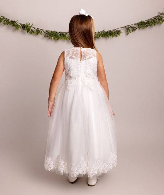 Flower Girl Dress Ages 2 -12 Years - Ivory  Tulle & Silk Flowers &  Pearl Appliqué Bodice