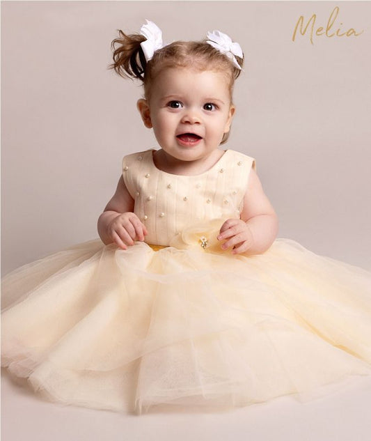 Baby Girls Champagne Tulle & Pearl Dress  WAS £52.95 - Reduced £25.00