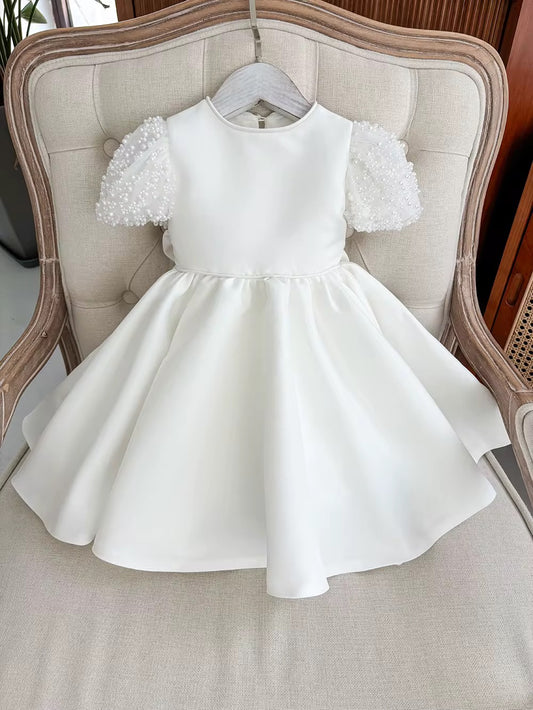 Belle - PREMIUM COLLECTION Handmade Ivory Pearl  Embellishment Flower Girl Dress Matching Headband and Ballet Style Shoes