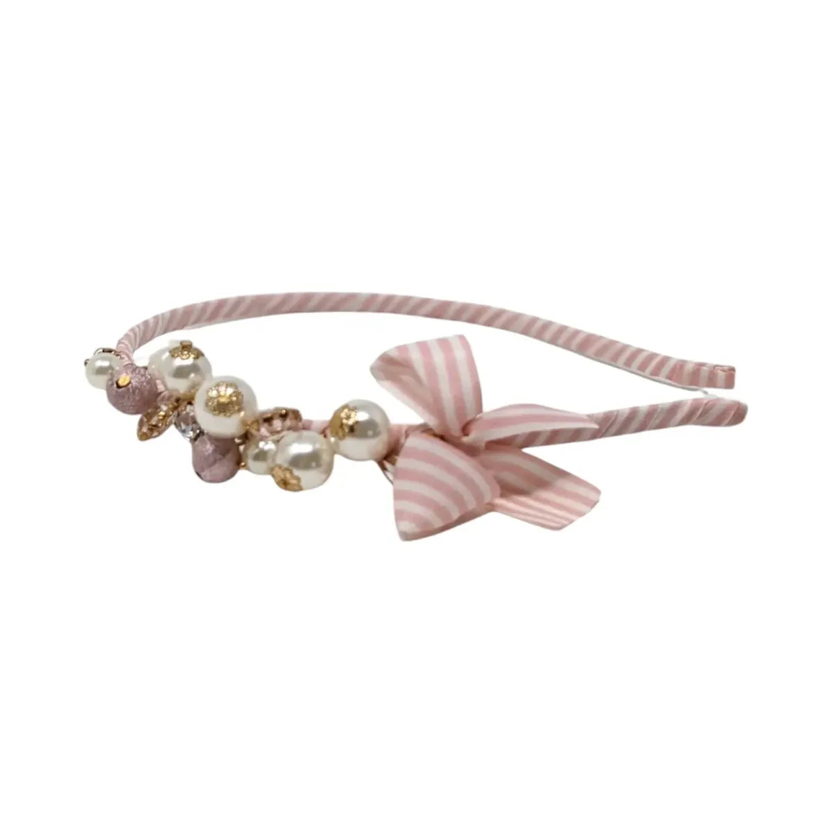 Pink and Off White StripeyAlice Band with Pearls and Stones in a Gold Case diamanté