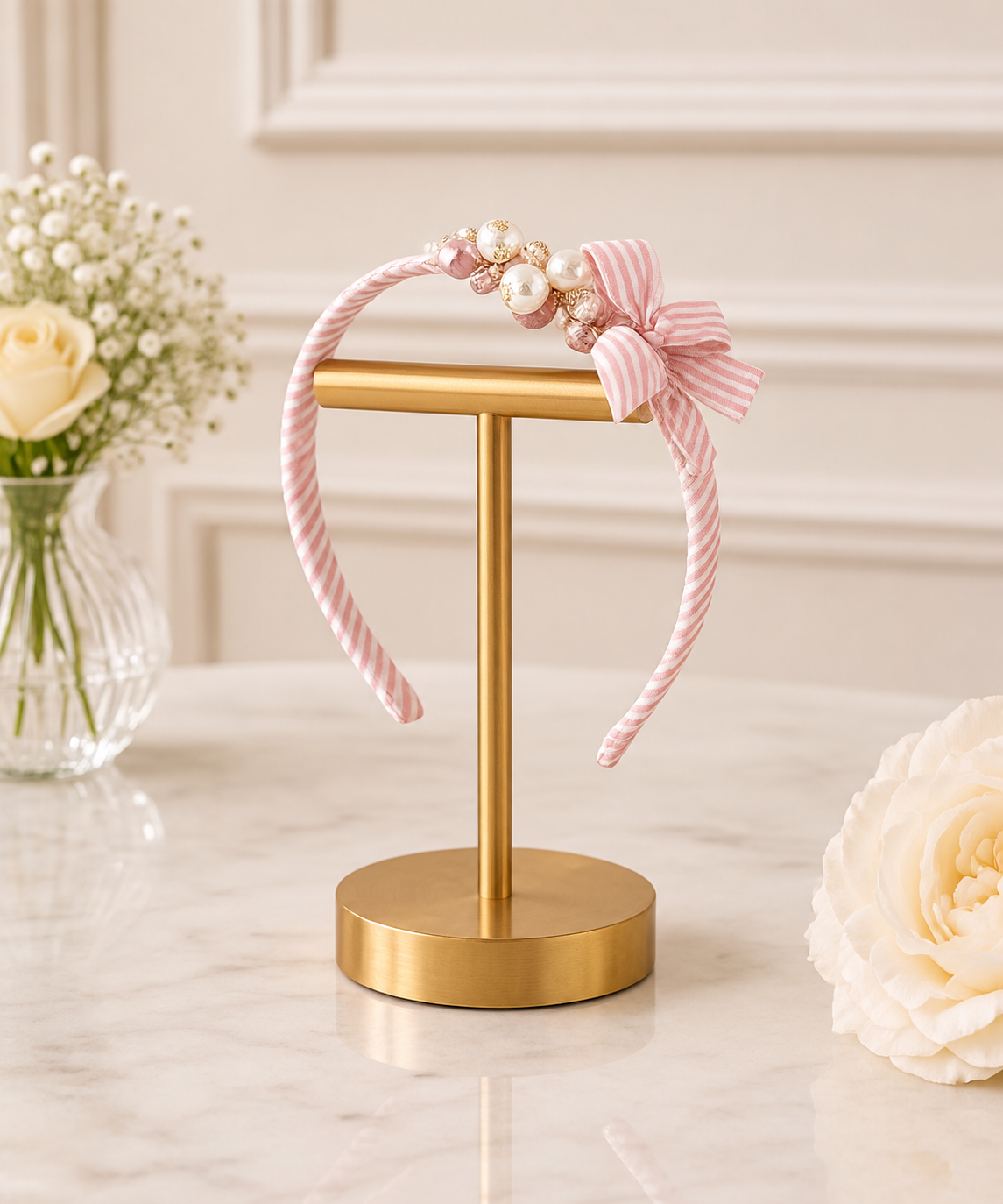 Pink and Off White StripeyAlice Band with Pearls and Stones in a Gold Case diamanté