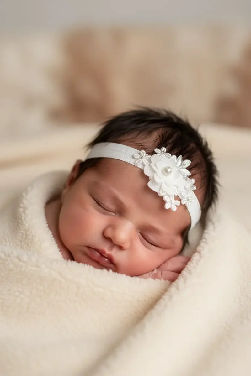 Close-up of off-white lace flower headband with Swarovski crystals and faux pearl