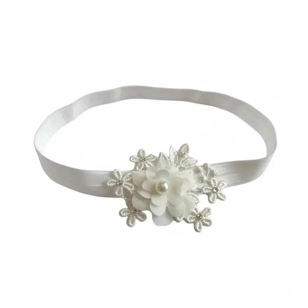 Off-white baby girl headband with lace flower, pearl and crystal details