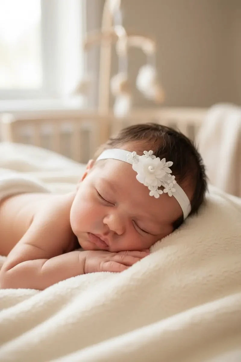 Off-white floral christening headband with delicate chiffon petals and pearl centre