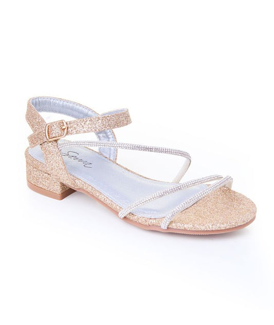 GIRLS GOLD SANDALS WITH RHINESTONE CROSSOVER STRAPS