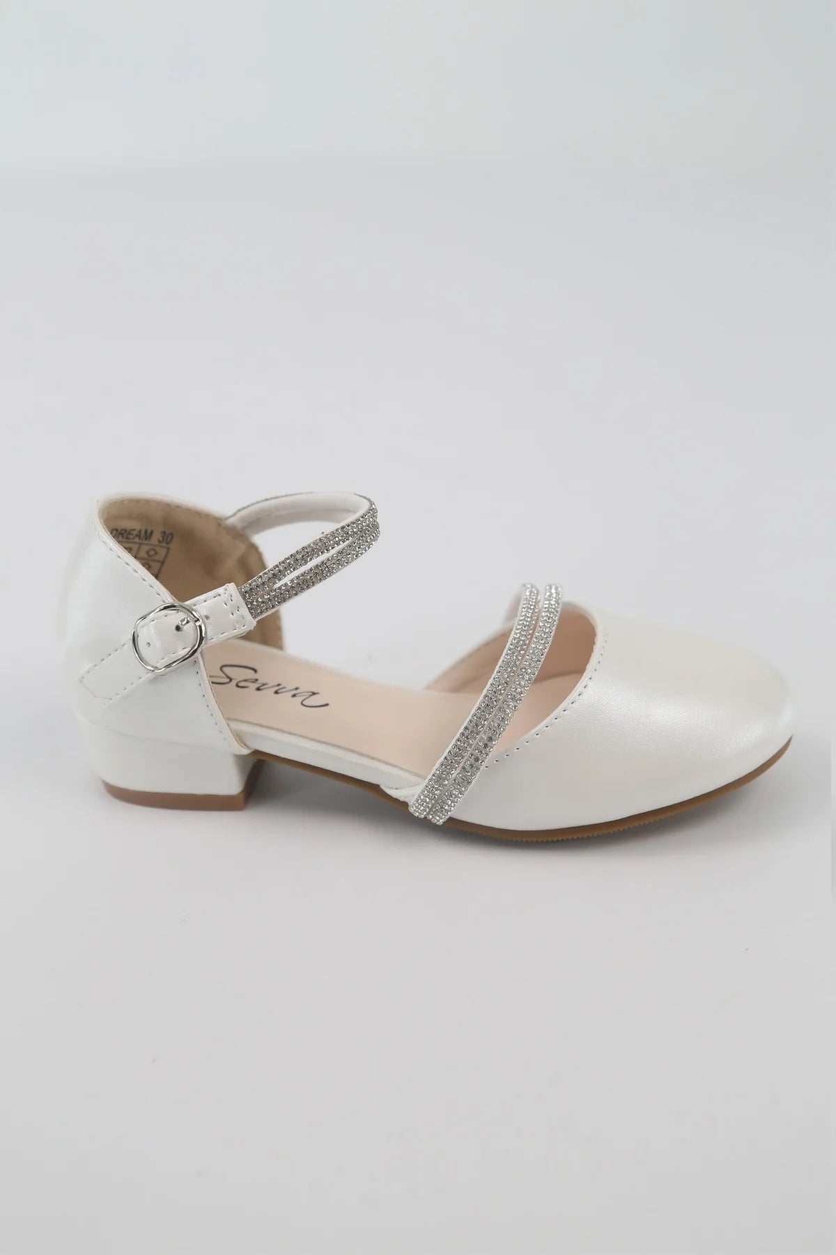 Girls White Rhinestone Straps Low Heel Shoes