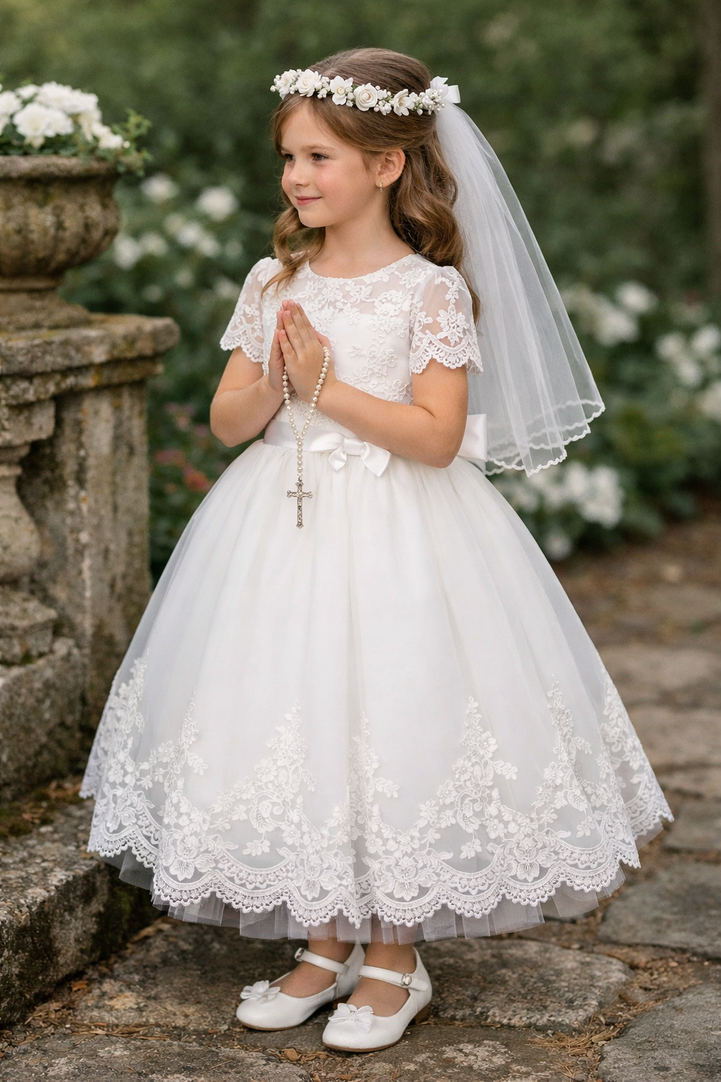 HAND MADE to Order - Holy Communion Dress Ages 7-11 Years - White Satin & Pearl Trim