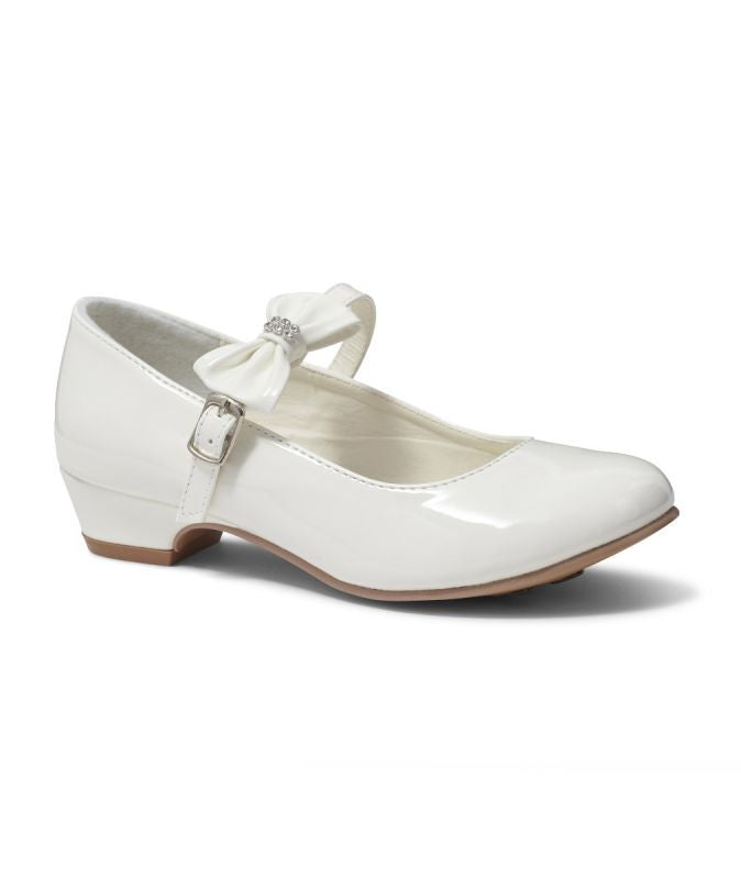 Girls Medium Heel Patent Mary Jane Dress Shoes with Ankle Strap & Bow - White or Ivory