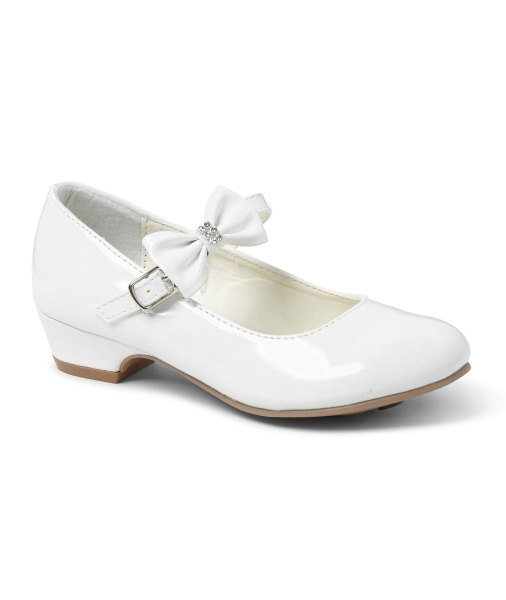 Girls Medium Heel Patent Mary Jane Dress Shoes with Ankle Strap & Bow - White or Ivory