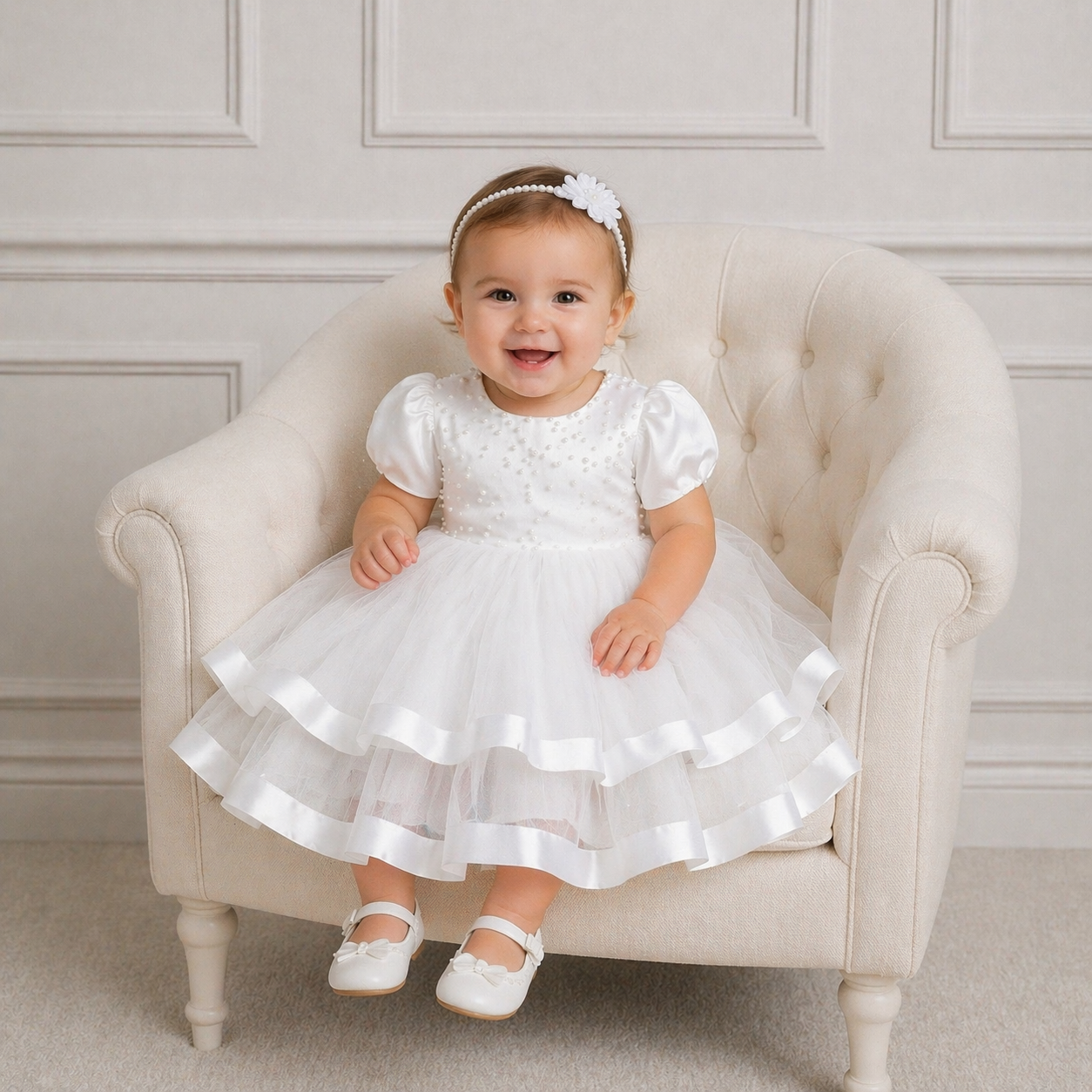 PREMIUM COLLECTION - Beatrice Handmade Luxury Ivory Tulle, Satin and Pearl Dress  - Girls Pearl Accent Christening/Flower Girl Dress  * Immediate Despatch *