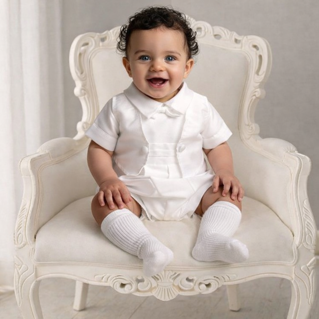 Baby Boys White Christening Romper & Hat