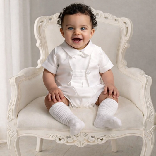 Baby Boys White Christening Romper & Hat