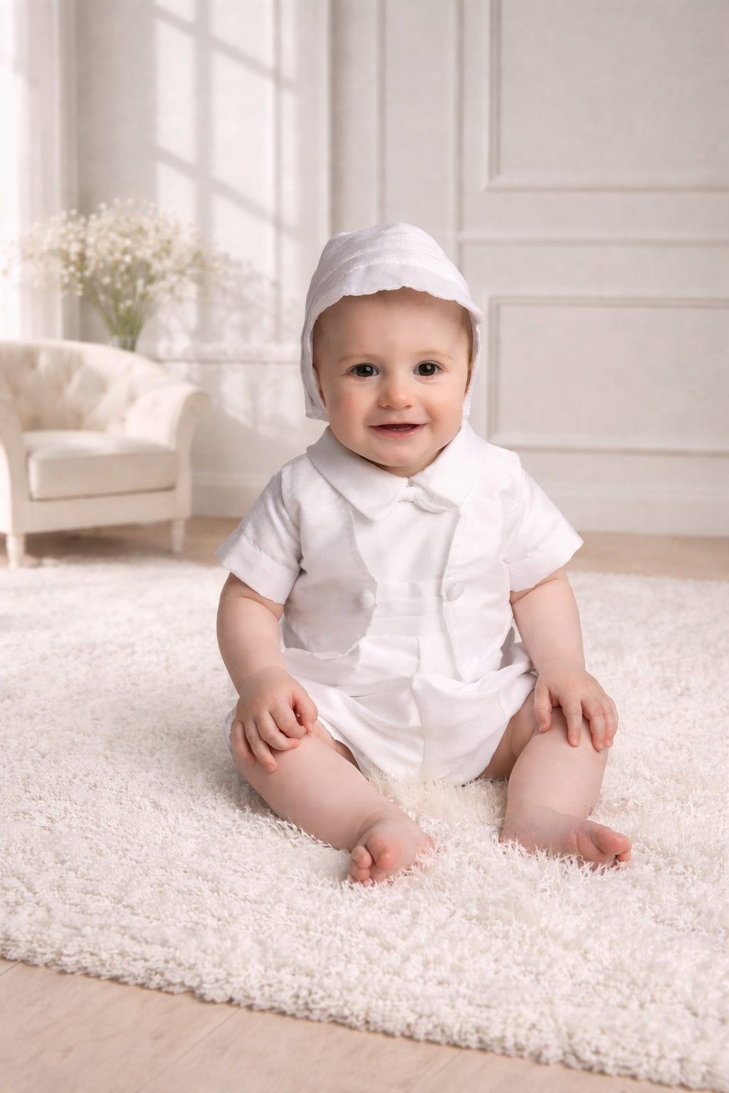 Baby Boys White Christening Romper & Hat