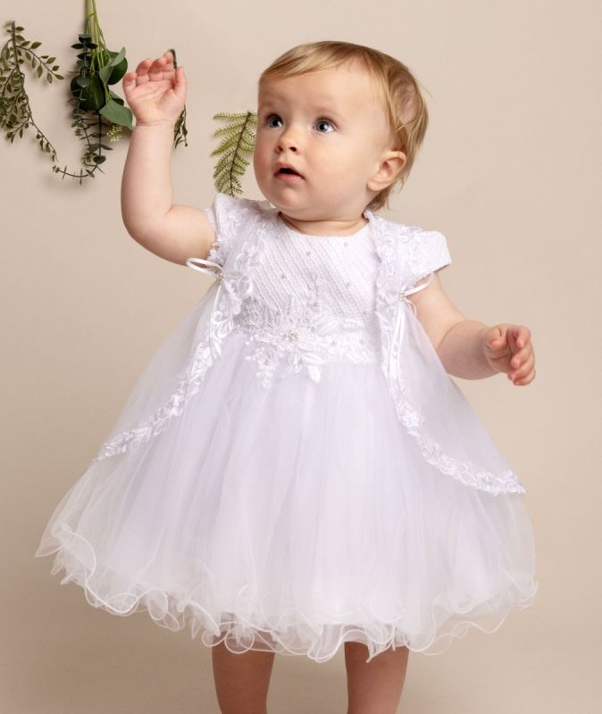 April - 2 Piece Baby Girls White Christening Dress & Sleeveless Jacket