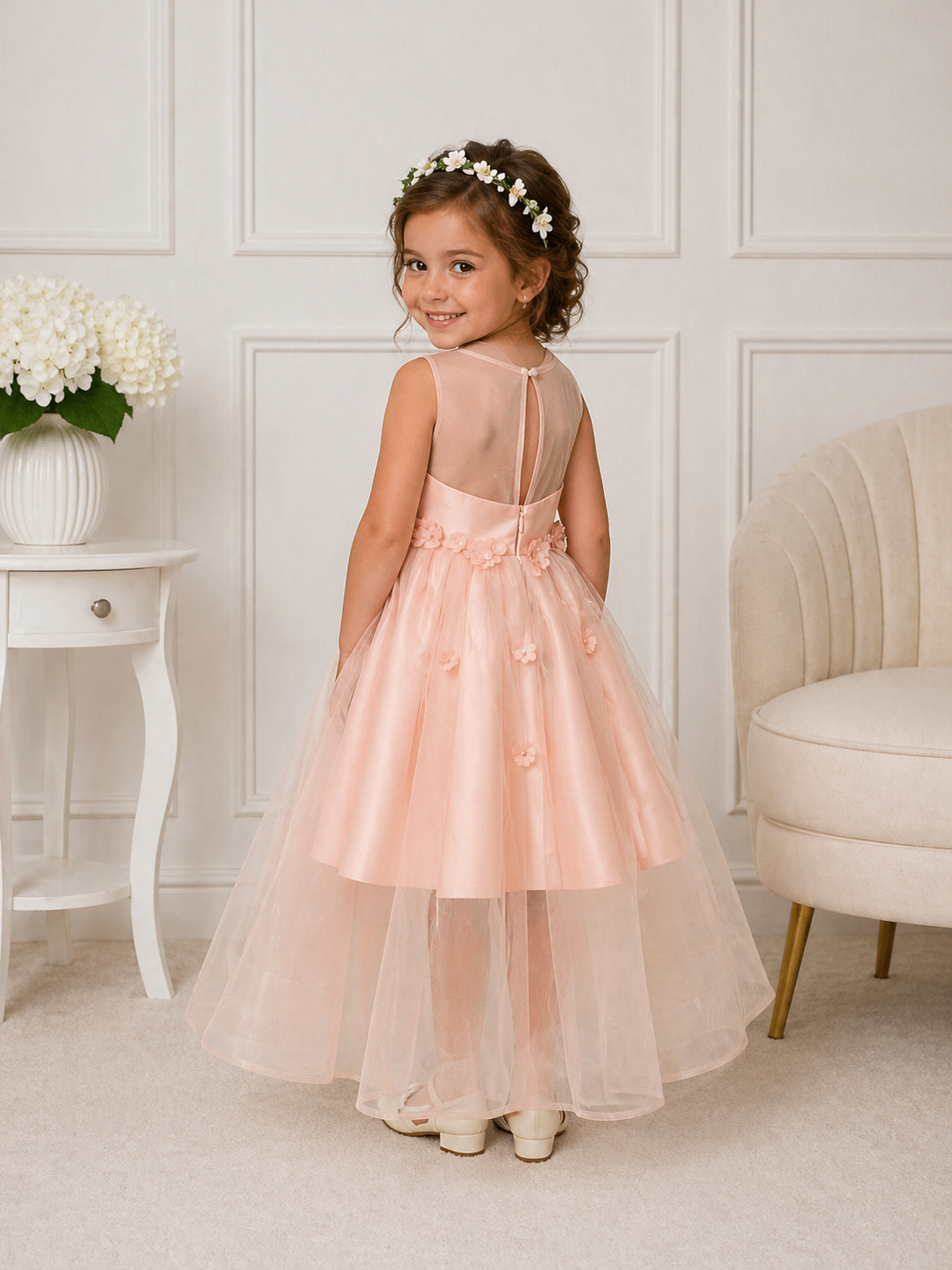 Floral Tulle Flower Girl/Prom/PartyDress in Ivory or Peach