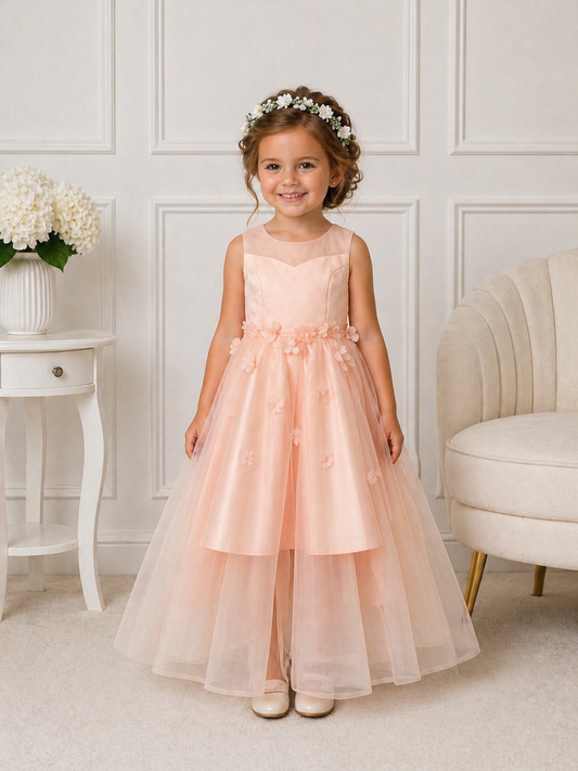 Floral Tulle Flower Girl/Prom/PartyDress in Ivory or Peach