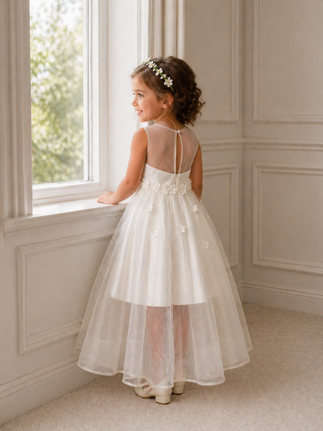 Floral Tulle Flower Girl/Prom/PartyDress in Ivory or Peach