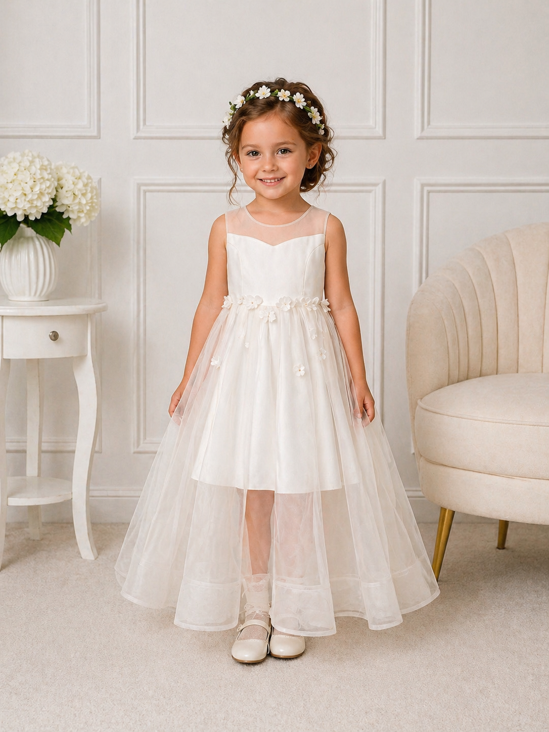 Floral Tulle Flower Girl/Prom/PartyDress in Ivory or Peach