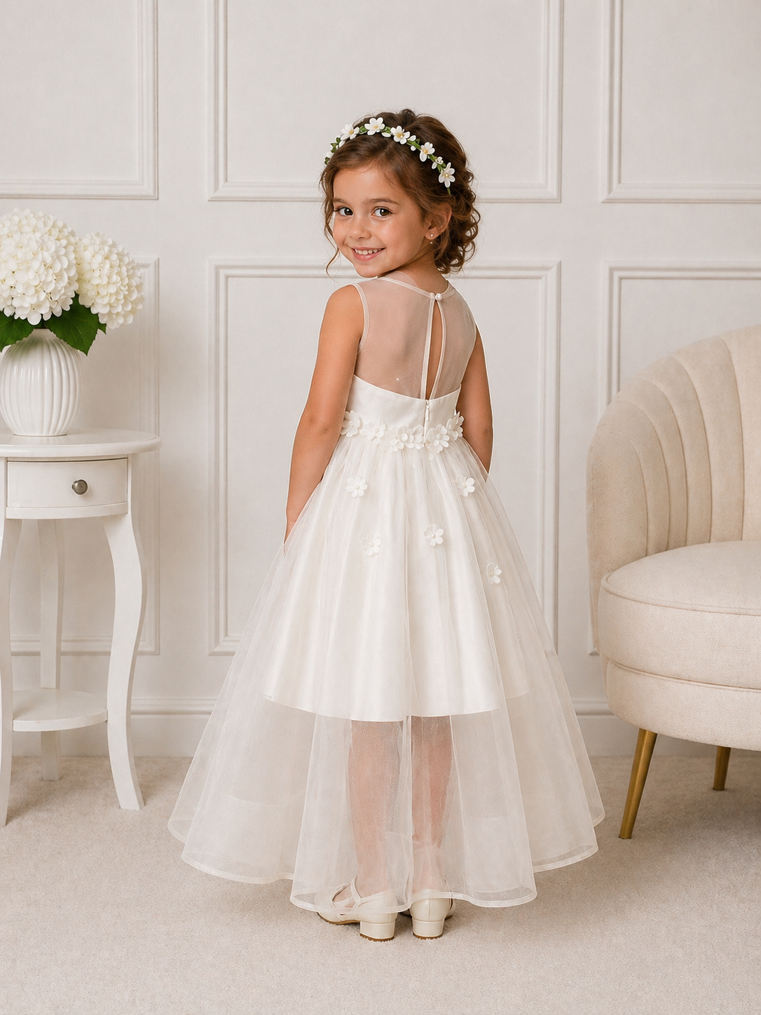 Floral Tulle Flower Girl/Prom/PartyDress in Ivory or Peach