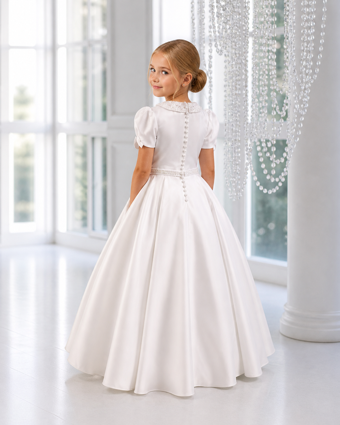 Elise - Handmade Holy Communion Dress Ages 7-11 Years - White Satin & Pearl Trim