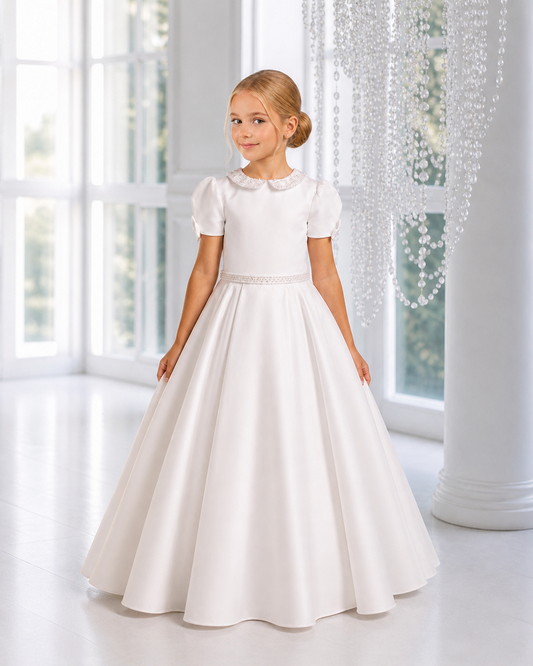 Elise - Handmade Holy Communion Dress Ages 7-11 Years - White Satin & Pearl Trim