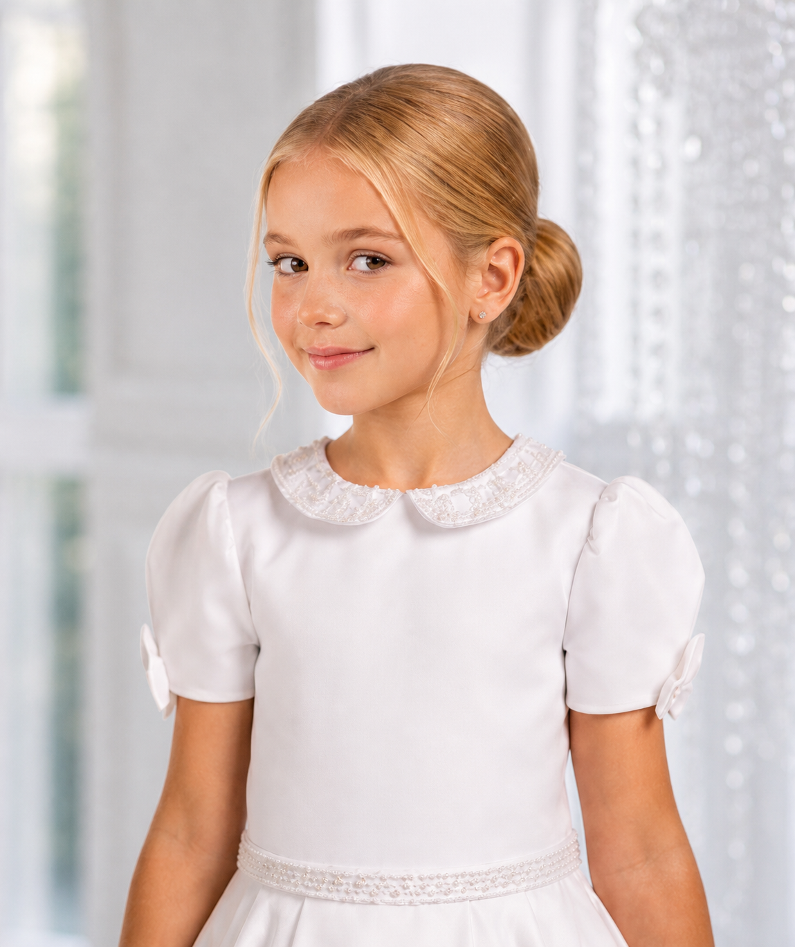 Elise - Handmade Holy Communion Dress Ages 7-11 Years - White Satin & Pearl Trim