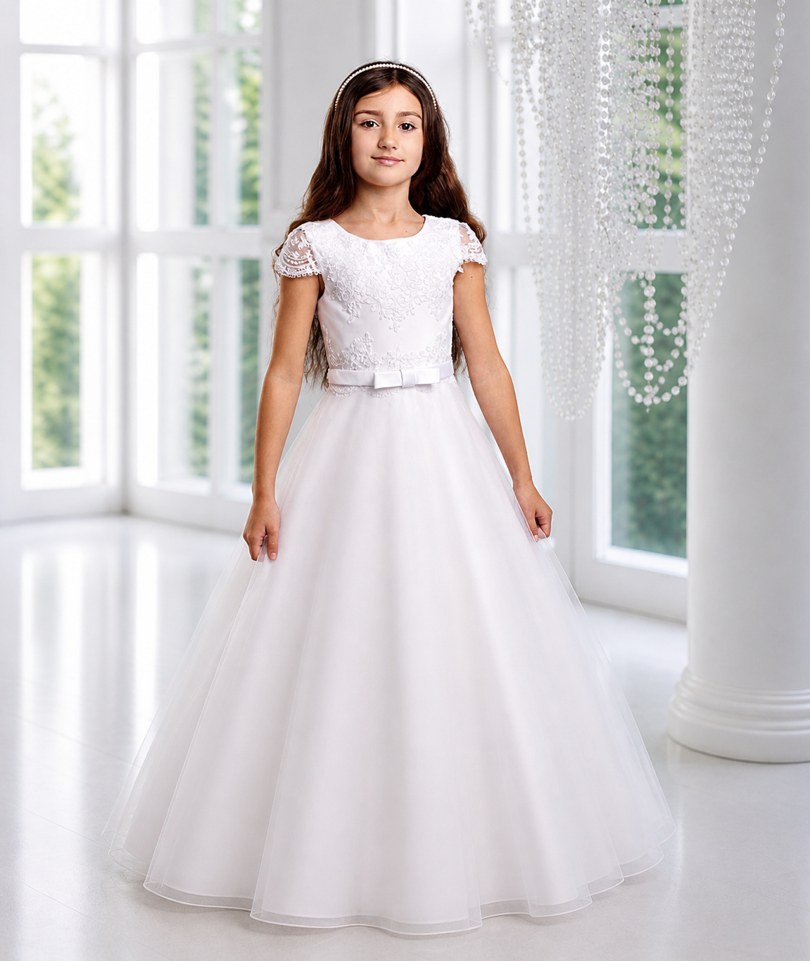 Amara Dress - Holy Communion Dress Ages 7 -11 Years - White Satin & Lace Appliqué Bodice