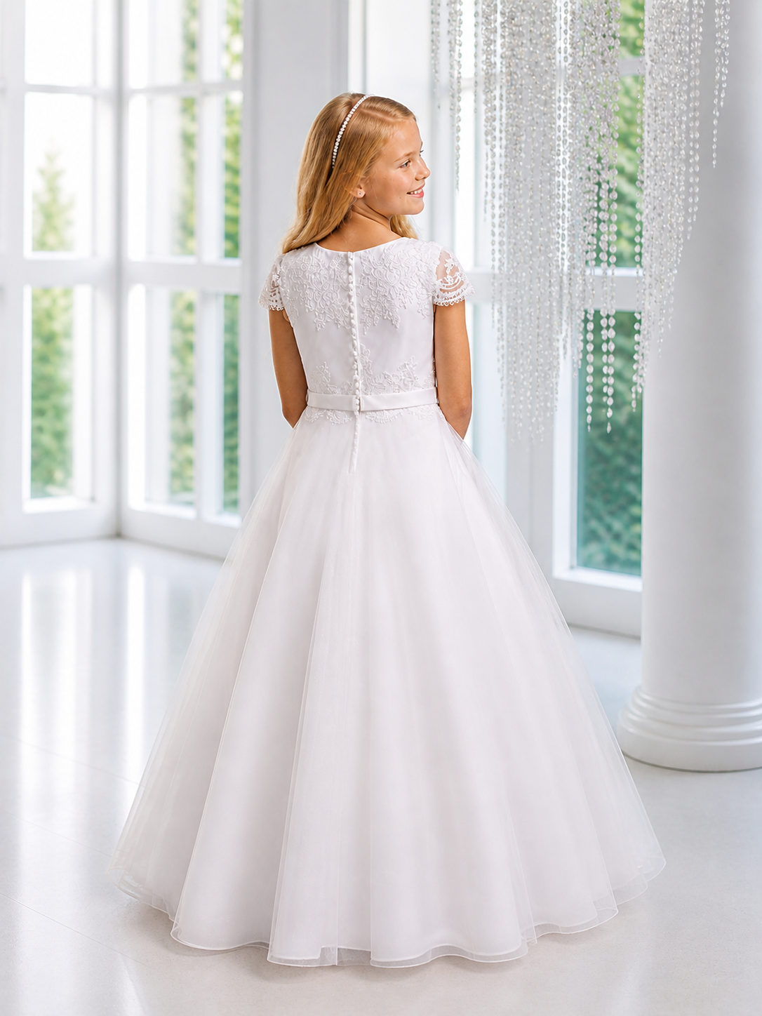Amara Dress - Holy Communion Dress Ages 7 -11 Years - White Satin & Lace Appliqué Bodice